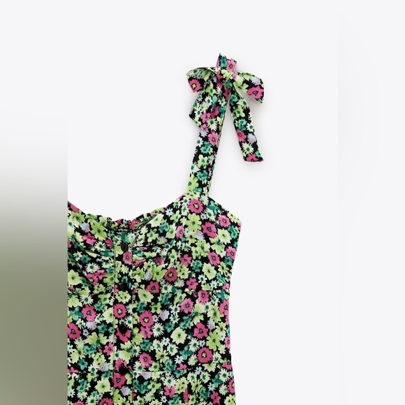 NWT ZARA Floral Print Button Front Midi Dress XS Green Pink Black - Picture 5 of 11